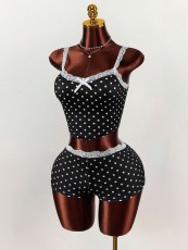 Lace Patchwork Polka Dots Print Two Piece Shorts Set GXIY-K25L1867