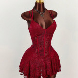 Lace Hollow Out Tie Up Backless Mini Dress GXIY-K26L2089