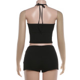 Solid Color Halterneck Top Two Piece Shorts Set XEF-K6S00739A