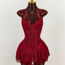 Lace Hollow Out Tie Up Backless Mini Dress GXIY-K26L2089