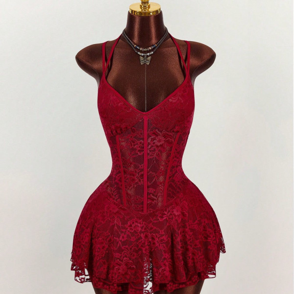 Lace Hollow Out Tie Up Backless Mini Dress GXIY-K26L2089