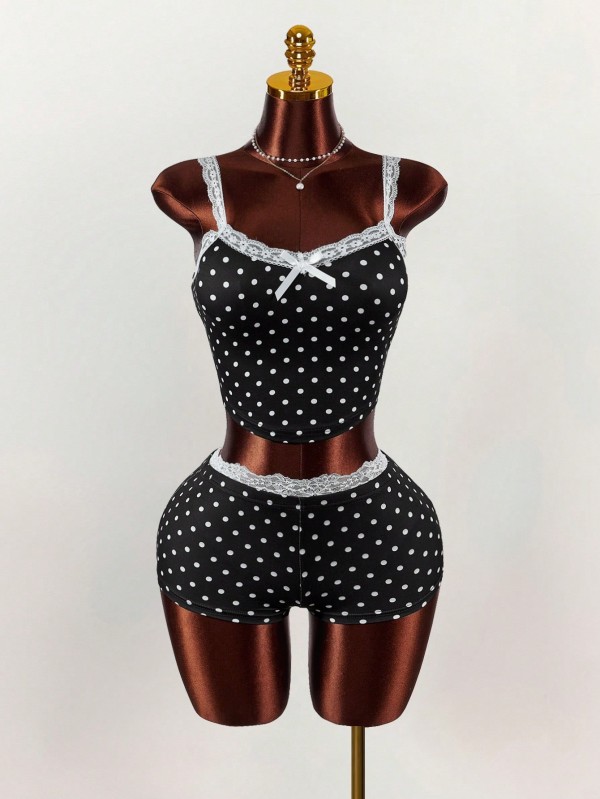 Lace Patchwork Polka Dots Print Two Piece Shorts Set GXIY-K25L1867