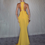 Deep V Neck Ruched Backless Maxi Dress XEF-K6D00781A