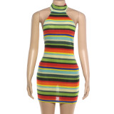 Backless Halterneck Contrast Color Mini Dress XEF-K6D02645A