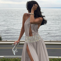 Deep V Neck Split Halterneck Maxi Dress XEF-K25D88241