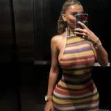 Backless Halterneck Contrast Color Mini Dress XEF-K6D02645A