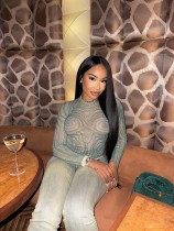 Mesh Long Sleeve Solid Color Tops YWXS-K25L1463