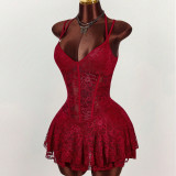 Lace Hollow Out Tie Up Backless Mini Dress GXIY-K26L2089
