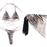 Stripe Print Tie Up Tassel Bikinis 3 Piece Swimsuit XEF-K6F02759A