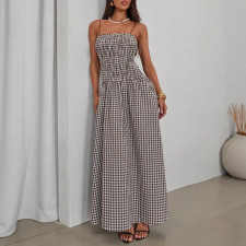 Retro Plaid Print Sling Maxi Dress GPBY-DR8189