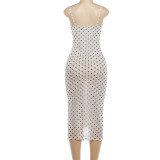 Polka Dots Print Lace Patchwork Sling Midi Dress GSLF-K6D01179A
