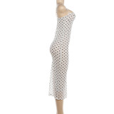 Polka Dots Print Lace Patchwork Sling Midi Dress GSLF-K6D01179A