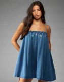 Floral-Embroidered Loose Denim Mini Dress GMYU-6706