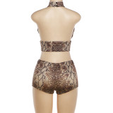 Halterneck Sleeveless Backless Print Two Piece Shorts Set GZJQ-K6S03391A