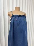 Floral-Embroidered Loose Denim Mini Dress GMYU-6706