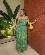 Print Wrap Chest Ruffles Maxi Dress GMYU-10069