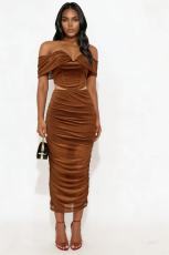 Mesh Wrap Chest Solid Color Maxi Dress GADE-8474