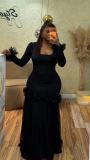Square Neck Long Sleeve Mesh Maxi Dress GADE-11115