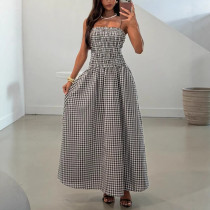 Retro Plaid Print Sling Maxi Dress GPBY-DR8189
