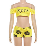 Letter Print Off Shoulder Two Piece Shorts Set GZJQ-K6S02139A