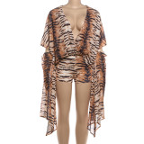 Mesh Print Loose V-neck Irregular Top Shorts Set GZJQ-K6S00715A