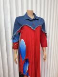 Denim Patchwork Ruched Long Sleeve Maxi Dress GMYU-10135