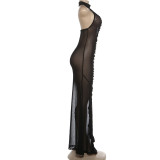 Mesh Patchwork See Through Backless Maxi Dress GSLF-K6D02617A