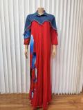 Denim Patchwork Ruched Long Sleeve Maxi Dress GMYU-10135