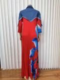 Denim Patchwork Ruched Long Sleeve Maxi Dress GMYU-10135