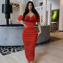 Mesh Wrap Chest Solid Color Maxi Dress GADE-8474