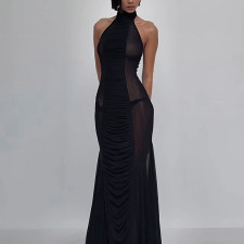 Mesh Patchwork See Through Backless Maxi Dress GSLF-K6D02617A