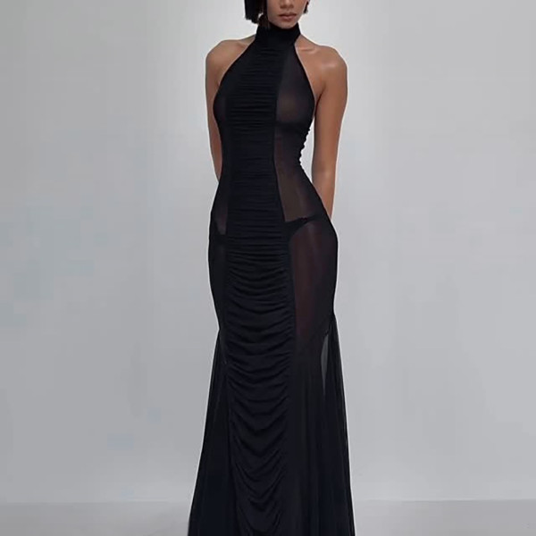 Mesh Patchwork See Through Backless Maxi Dress GSLF-K6D02617A