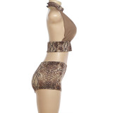 Halterneck Sleeveless Backless Print Two Piece Shorts Set GZJQ-K6S03391A