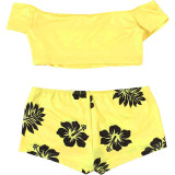 Letter Print Off Shoulder Two Piece Shorts Set GZJQ-K6S02139A