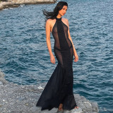 Mesh Patchwork See Through Backless Maxi Dress GSLF-K6D02617A