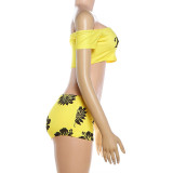 Letter Print Off Shoulder Two Piece Shorts Set GZJQ-K6S02139A