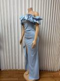 Solid Color Ruffles Spit Maxi Dress GMYU-11037