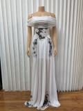 Print One Shoulder Press Pleated Maxi Dress GMYU-10235