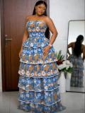 Print Wrap Chest Ruffles Maxi Dress GMYU-10069