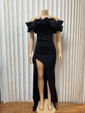 Solid Color Ruffles Spit Maxi Dress GMYU-11037