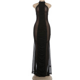 Mesh Patchwork See Through Backless Maxi Dress GSLF-K6D02617A