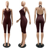 Halterneck Deep V Neck Polka Dots Print Romper CM-60402