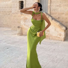 Square Neck Solid Color Ruched Maxi Dress GYME-K25D90812