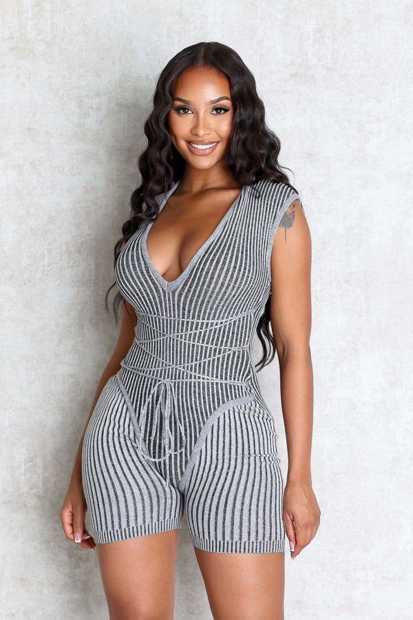 Casual Stripe Tie Up Knits Romper NYF-8208