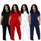 Contrast Color Loose Short Sleeve Pants 2 Piece Set SFY-825