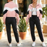 Color Block Long Sleeve Coat 2 Piece Pants Set SH-391459