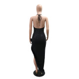 Sling Sequin Tie Up Patchwork Split Maxi Dress CYA-902273