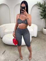 Polka Dots Print Wrap Chest Top Fifth Pants 2 Piece Set CH-26103