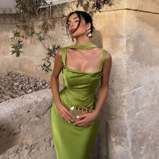 Square Neck Solid Color Ruched Maxi Dress GYME-K25D90812