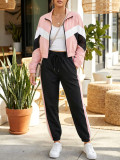Color Block Long Sleeve Coat 2 Piece Pants Set SH-391459